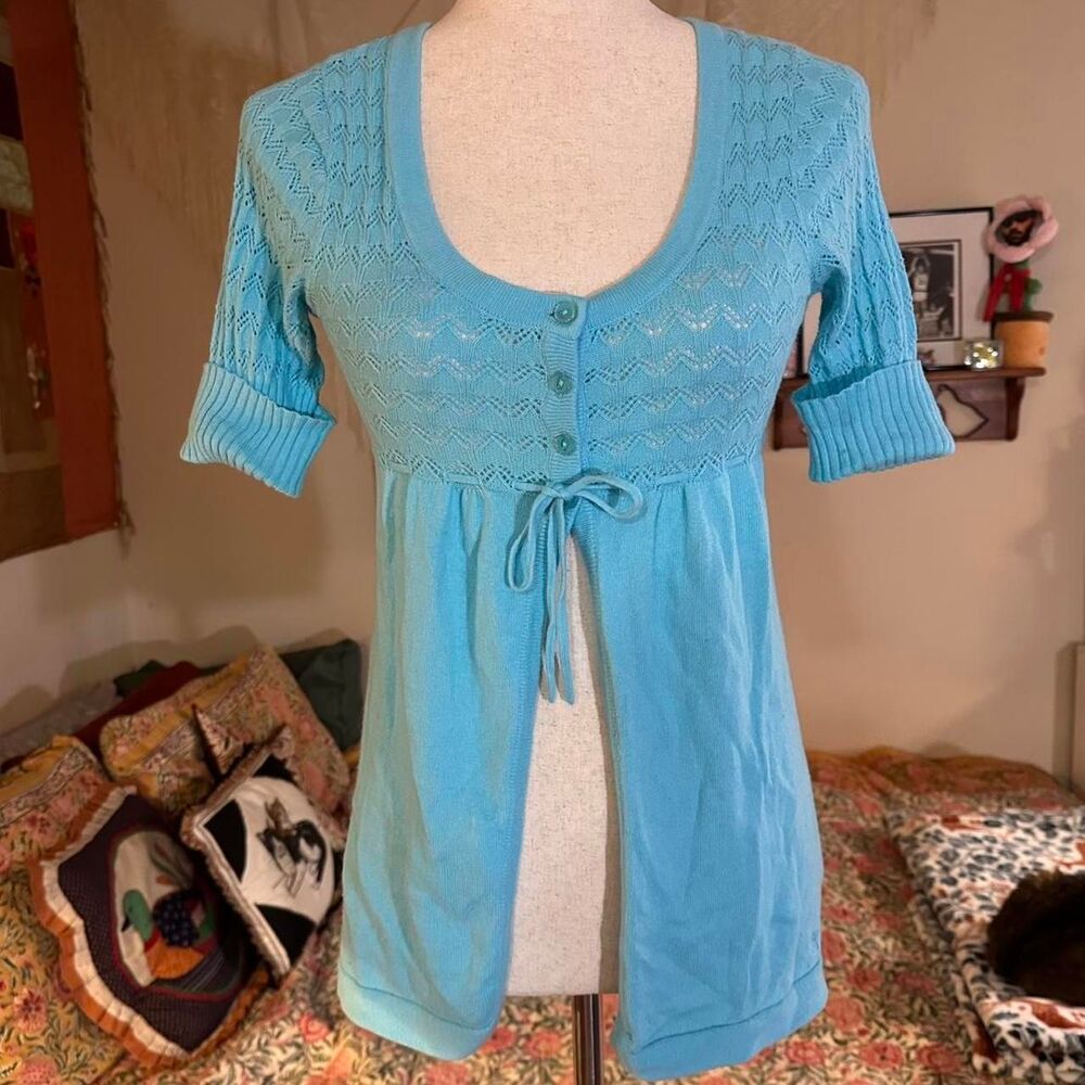 Limited Too Y2K Blue Crochet Short Sleeve Button Up and Bow Detail Baby Doll Top